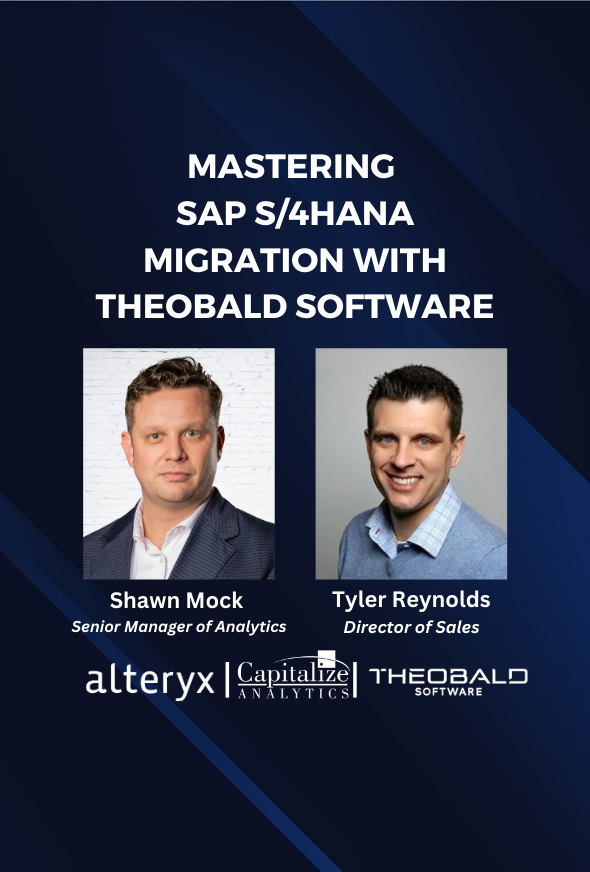 Webinar announcement for an SAP S4HANA migration webinar featuring two male hosts who are experts in data analytics, data warehousing, and data migration.