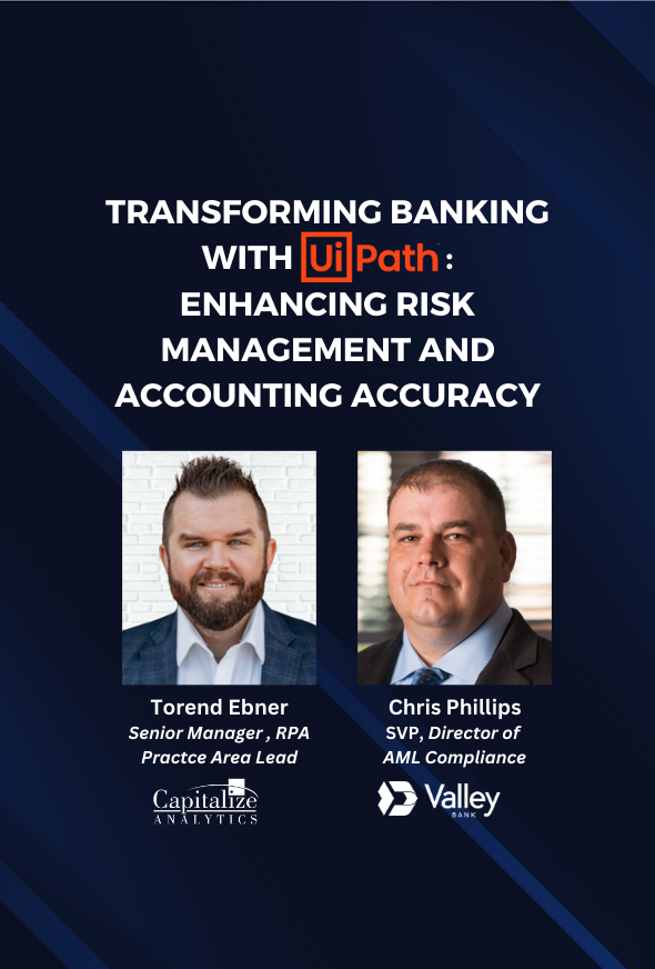 Webinar announcement featuring two male hosts who will present on real-life experience transforming banking and financial processes with UiPath.